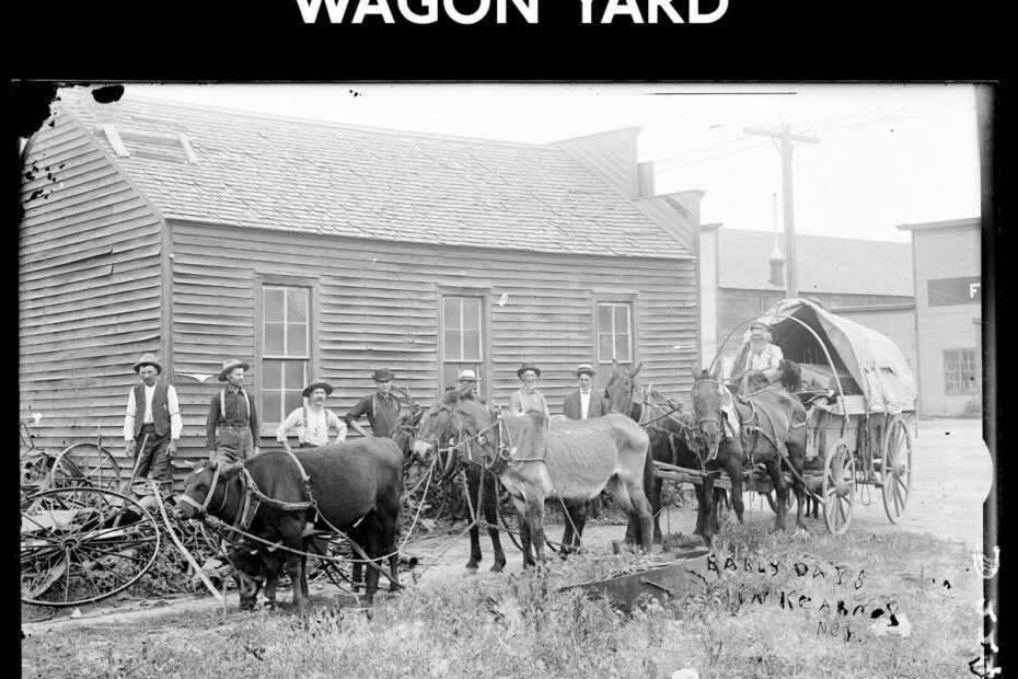 A black-and-white photograph of American farmers, one sitting in a wagin drawn by a team of oxen.